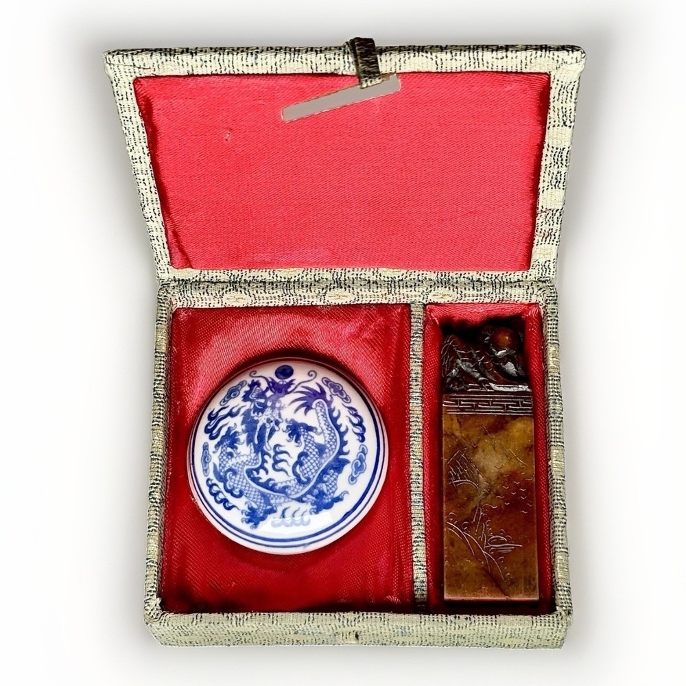 VTG Chinese Soapstone Seal ChopSet Carved Dragon Stamped Boxed Qianlong Mark PAM